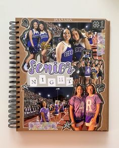 a spiral notebook with pictures of cheerleaders and the words senior night on it