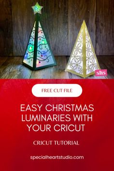 two christmas trees with the text easy christmas luminaries with your cricut