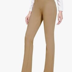 Bootcut Pull On Trousers 4 Pockets Fabric Type87% Nylon, 13% Spandex Care Instructionsmachine Wash Originimported Closure Typepull On 2 Inseam Versions: 29" Inseam Fits 5'2"-5'5", 31" Inseam Fits 5'5"-6'1", Straight Leg For Work And Bootcut Leg For Daily Leisure. Comfortable Dress Pants: Pull On Style. Soft, Stretch And Non See-Through Fabric With Elastic Waist Provide All-Day Comfort Experience And Won't Bunching Or Sliding Down. Color: Coco Creme Stretch Full Length Pants For Office, Beige Stretch Dress Pants For Business Casual, Stretch Solid Dress Pants For Work, Solid Stretch Dress Pants For Work, Fitted Elastane Pants For Office Wear, Beige Stretch Pants For Work, Stretch Dress Pants For Work, Fitted Beige Elastane Pants, Beige Stretch Bottoms For Office