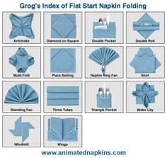 This may contain: the instructions for making folded napkins in different styles and colors, including blue paper