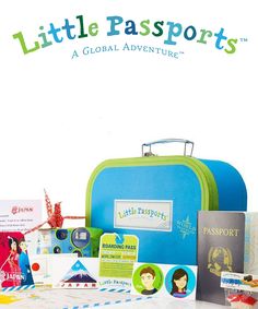 the little passport's logo is on top of an open blue suitcase with its contents