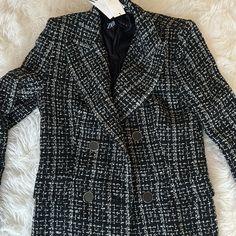 Zara Blazer Brand New Never Worn!! Perfect Unworn Condition Gorgeous Black And White Tweed Blazer Coat! It’s Longer Than A Typical Blazer And You Can Wear It As A Dress With Some Tights Perfect For Fall Size Small. Selling For A Good Price Otherwise I Will Keep!! Similar To Lagence Or Veronica Beard Or Alc Great Quality. Blogger Favorite. Viral Blazer Dress Elegant Double-breasted Houndstooth Tweed Jacket, Elegant Black Houndstooth Blazer, Black Tweed Jacket For Office, Black Tweed Dress For Office In Fall, Black Houndstooth Tweed Jacket, Black Tweed Jacket With Houndstooth Pattern, Tailored Black Tweed Blazer, Black Tailored Tweed Blazer, Black Chic Tweed Jacket