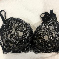 Never Worn And Great Condition Black Lace Push Up Bra With Adjustable Straps And Rhinestones. Size 36d Black Underwire Bra For Party, Victoria's Secret Black Party Bra, Elegant Party Bra By Victoria's Secret, Victoria's Secret Elegant Party Bra, Elegant Victoria's Secret Party Bra, Victoria's Secret Black Evening Bra, Black Push-up Bra For Evening, Black Underwire Bra With Lace Trim, Black Push-up Bra With Lace Closure