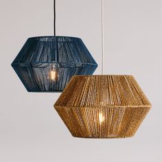 two hanging lights made out of woven material, one is blue and the other is brown