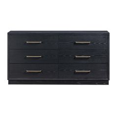 a black dresser with gold handles and drawers on it's sides, against a white background