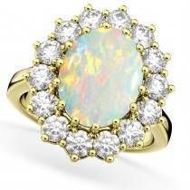 an opal and diamond cluster ring in yellow gold, set with round brilliant cut diamonds