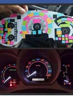 a car dashboard with the words use post - it notes to color your dashboard lights