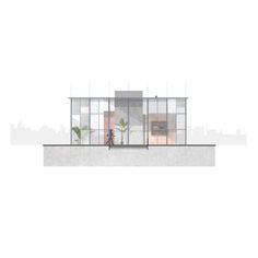 an architectural rendering of a house with glass walls and plants on the outside, in front of a cityscape