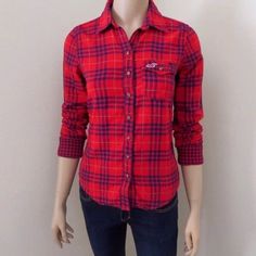 Nwt Hollister Womens Plaid Shirt Size Xs Top Red & Blue Button Down Blouse Good Condition Fitted Casual Flannel Shirt With Buttons, Casual Red Tops For Work, Red Cotton College Shirt, Casual Red Cotton Flannel Shirt, Red Cotton Casual Flannel Shirt, Casual Red Button-up Top, Casual Red Flannel Shirt With Buttons, Casual Red Top With Buttons, Casual Fall College Shirt