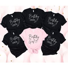 "This lovely birthday group T Shirt is perfect to make a birthday girl feel special. Have fun celebrating a friend, mum, sister or an aunt.  The black will always say \"Birthday Crew\" The white and pink will always say \"Birthday Girl\" This classic unisex jersey short sleeve tee fits like a well-loved favorite. Soft cotton and quality print make users fall in love with it over and over again. The shoulders have taping for better fit over time. Dual side seams hold the garment's shape for longer.  100% Airlume combed and ringspun cotton (fiber content may vary for different colors) Light fabric (4.2 oz/yd² (142 g/m Retail fit Tear away label Runs true to size Care Instructions: Wash Inside out with delicate cycle and lay flat to dry. Wash with like colors. Only non-chlorine bleach. Tumble Black T-shirt With Name Print For Birthday Gift, Black Tops With Graphic Print For Birthday Gift, Black Letter Print T-shirt For Birthday Gift, Black Letter Print T-shirt For Birthday, Black T-shirt With Name Print For Birthday, Black T-shirt With Letter Print For Party, Black Short Sleeve Top For First Birthday, Birthday Group Shirts, Matching Birthday Shirts