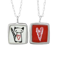 "For those who love cats. Cute cat drawing on one side and a heart drawing on the other side! This sterling silver and enamel necklace measures about 3/4 of an inch tall and hangs from a 16 - 20 inch adjustable sterling silver chain with a spring ring clasp. Each piece is cast in sterling silver, to which 3 layers of vitreous enamel are applied and fired. Finally, I apply and fire the custom screen prints made from my drawings. Adorable, durable, and unique! Look for the matching earrings: https A Heart Drawing, Glass Store, Cute Cat Drawing, Vitreous Enamel, Custom Screen Printing, Heart Drawing, Cute Box, My Drawings, Enamel Necklaces