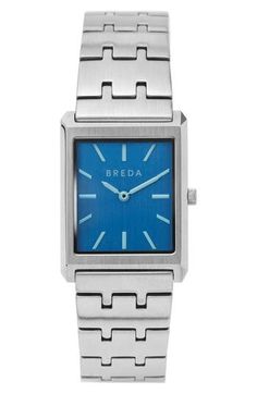 A rectangular case with angular edges complements the clean stick indexes of this vintage-inspired watch secured by brushed, interlocked bracelet links. 26mm case; 20mm band width Deployant clasp closure Quartz movement Mineral crystal face Stainless steel or stainless steel with 18k-gold plate Imported Classic Blue Rectangular Watch Accessories, Silver Rectangular Watch With Analog Display, Silver Rectangular Watch Accessories With Analog Display, Classic Rectangular Stainless Steel Watch, Classic Rectangular Stainless Steel Watch Accessories, Modern Rectangular Watch With Stainless Steel Clasp, Timeless Rectangular Stainless Steel Watch Accessories, Timeless Stainless Steel Rectangular Watch Accessories, Classic Watch With Rectangular Metal Dial