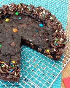 a chocolate cake with sprinkles on a cooling rack