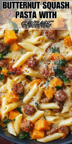 pasta with butternut squash and sausage in a skillet