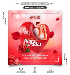 a red valentine's day flyer with roses and hearts on the front, and an image of a man and woman