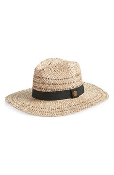 A smart grosgrain band surrounds the crown of this classic Panama hat crafted from seagrass and styled with a wide, shade-providing brim. Seagrass straw Spot clean Imported Classic Woven Straw Sun Hat, Straw Visor Hat For Travel, Travel Straw Visor Hat, Summer Straw Panama Hat With Visor, Coastal Style Woven Fedora Straw Hat, Coastal Woven Straw Fedora Hat, Coastal Straw Boater Hat With Curved Brim, Classic Woven Sun Hat For Beach, Natural Straw Boater Hat With Visor