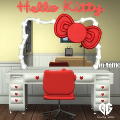 a desk with a red chair and a hello kitty mirror