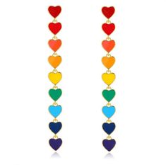 Little hearts, in a rainbow drop! Cheap Multicolor Heart Earrings For Party, Trendy Jewelry For Pride Gifts, Trendy Colorful Heart-shaped Jewelry, Trendy Rainbow Jewelry For Pride, Trendy Rainbow Heart-shaped Jewelry, Rainbow Heart-shaped Earrings As Gift, Heart-shaped Rainbow Earrings As Gift, Rainbow Heart Earrings For A Gift, Trendy Multicolor Heart Dangle Earrings