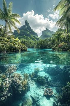 an underwater scene with palm trees, water and corals in the foreground is a mountain range