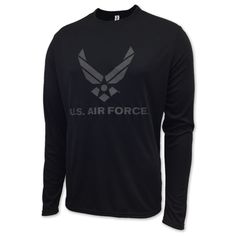 Don't let the cool weather break your PT routine! The Air Force Longlseeve Performance T in black is printed with reflective ink so you will be ready to take on the elements and your workout! 100% Microfiber Polyester Unisex fit Screen print with Hi-vis reflective ink "US Air Force" and wings logo across the chest Designed and Printed in the USA Air Force Collection, Wings Logo, Us Air Force, Hats For Sale, The Cool, Screen Print, Don't Let, Air Force, Long Sleeve Tshirt Men