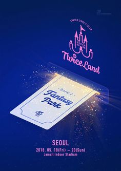 the ticket for twice land is being held in front of a blue background with sparkles