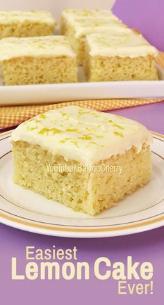 a close up of a piece of cake on a plate with the words easy lemon cake