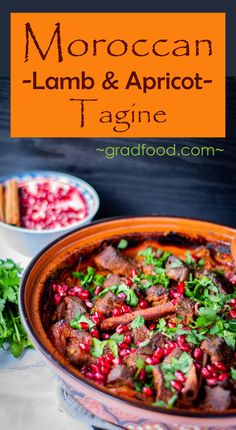 moroccan lamb and apricot tagine with pomegranates on the side