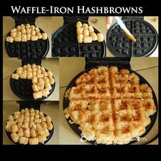 waffle iron hashbrowns are being cooked on the griddle pancake maker