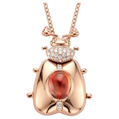 One of a kind lucky beetle necklace in 18 Karat rose gold 16g set with the finest diamonds in brilliant cut 0,31Ct (VVS/DEF quality) and one natural, mandarin garnet in oval cabochon cut 3,00Ct. The feelers and the eyes of this adorable Goldbeetle are set with pink tourmalines and tsavorites in round cabochon cut. The chain is 60cm long including 2 extra eyes to make it 2,5 and 5cm shorter. This lucky beetle is a locket, you can keep your favorite treasures inside. This necklace is also availabl Yellow Stone Pendant, Vintage Diamond Necklace, Beetle Necklace, Diamond Locket, Locket Pendant Necklace, Antique Necklace, Stone Pendant Necklace, Women Diamond, Rose Gold Jewelry