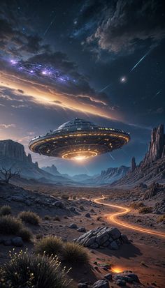 an alien ship flying over a desert landscape