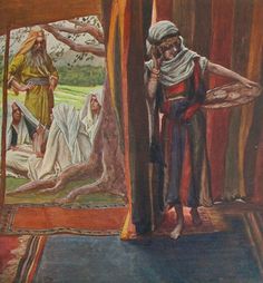 a painting of jesus standing in front of the door to his house with other people behind him