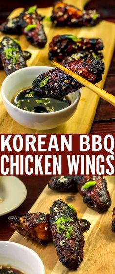 korean bbq chicken wings with dipping sauce on the side and chopsticks in bowls