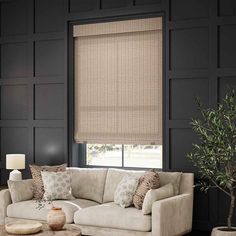 a living room filled with furniture and a window covered in roman blind shades on the windowsill