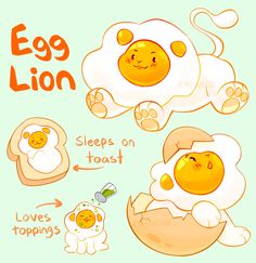 an egg lion is sleeping on toast with its baby in it's stomach and another one