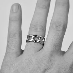 This ring is forged with high quality stainless steel and looks amazing on any guys hand. Don't know your ring size? Go here: etsy.com/listing/769243955/finger-ring-sizer-by-modern-out US Sizes 9, 10, 11, 12 10mm thick Made of stainless steel ► For longer lasting quality, please keep jewelry dry and away from chemicals. Jewelry care instructions come with every order. ► International orders are subject to tax/duty fees. This is uncontrollable on our end. Shipping can take up to 6 weeks due to cu Silver Stainless Steel Chain Promise Ring, Durable Silver Promise Ring, Durable Silver Metal Ring, Cuban Ring, Custom Bar Necklace, Mens Chain Bracelet, Message Necklace, Mens Stainless Steel Rings, Jewelry Care Instructions