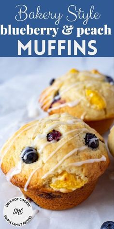 blueberry and peach muffins with icing on top