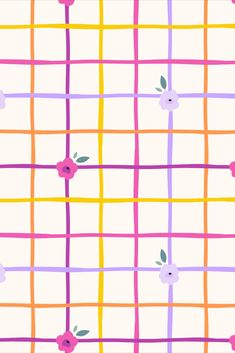 a plaid pattern with flowers and leaves on the side, in pastel pink, purple, yellow and orange