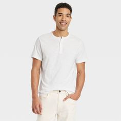 This Short-Sleeve Henley T-Shirt from Goodfellow & Co™ is a versatile and comfortable wardrobe pick. Made from 100% cotton, this short-sleeve henley tee feels soft and offers all-day cool comfort. Tailored in a regular fit with a henley neckline featuring a three-button placket, it features a solid hue that makes it easy to pair with the bottoms of your choice, and a below-waist length allowing it to worn tucked in or untucked. Goodfellow & Co™: Where style & fit are always in good company. Casual Crew Neck Henley For Summer, Casual Summer Henley With Crew Neck, Summer Casual Crew Neck Henley, Relaxed Fit Crew Neck Henley For Summer, White Relaxed Fit Cotton Henley, Casual Relaxed Fit Henley For Spring, White Crew Neck Henley For Everyday, White Cotton Henley For Spring, Spring White Cotton Henley