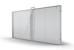 a large white wall with metal slats on the bottom and sides, against a white background