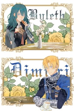 two anime characters sitting next to each other in front of roses and the words battle on them