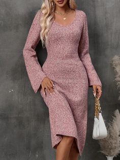 Marled Knit Scoop Neck Sweater Dress Brown Casual  Long Sleeve Knitwear Plain  Slight Stretch Fall/Winter Women Clothing, size features are:Bust: ,Length: ,Sleeve Length: Plum Sweater, Flare Sleeve Sweater, Fall Fashion Dresses, Knitted Dresses, Sweater Dresses, Cardigan Sweater Dress, Sweater Dress Women, Women Sweater, Knit Sweater Dress