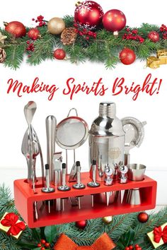 an advertisement for making spirits bright with christmas decorations and kitchen utensils on display