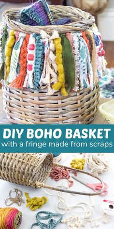 a basket filled with lots of different types of crocheted items and the words diy boho basket with fringe made from scraps