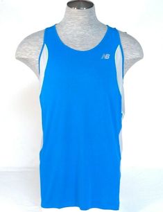 NEW BALANCE ICE MOISTURE WICKING SINGLET RUNNING TANK   - BRAND: NEW BALANCE - NB ICE - INTUITIVE COOLING FABRIC - NAME: IMPACT ICE SINGLET - SWEAT ACTIVATED COOLING - 2-WAY AIR CIRCULATION - FAST DRYING - STYLE: RACER BACK RUNNING SINGLET - COLOR: BLUE/GRAY - STYLE #: MRT4310 - New Balance Logo Boldly Printed in Reflective Silver on Upper Left - New Balance Signature Logo Printed in Reflective Silver on Center Back - Flat Lock Seam Stitching Fabric: 100% Polyester MEASUREMENTS FOR VARIOUS Blue Athleisure Activewear For Marathon, Blue Moisture-wicking Activewear For Marathon, New Balance Logo, Running Singlet, Balance Logo, Running Tanks, Air Circulation, Tag Sale, Fabric Names