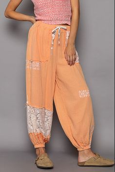 Designed in jogger pants in double gauze, see through lace and embroidery 100% Cotton P425005-0327024-ETD Peach Sorbet, Bus House, Denim Jacket With Dress, Purple Pants, Boutique Homes, Double Gauze, Cottage Core, Holiday Outfits, Jogger Pants