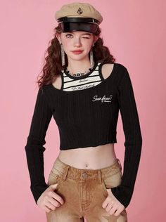 ❤Striped tank-style faux two-piece short knit❤︎ Bear Jacket, College Bags, Heart Bag, Coffee Colour, Striped Tank, Knitwear Women, Womens Fall, White And Black, Knitwear