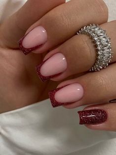 Short Coffin Nails Christmas, Red Christmas Nails Winter French Tips, Burgundy Glitter French Tip Nails, Christmas Nails Short French Tip, Festive French Tip Nails, Red French Tip Nails Squoval, Christmas Nail Tip Designs, Red Wine French Tip Nails, Red Dress Nails Ideas