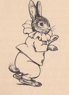 a black and white drawing of a rabbit holding a flower