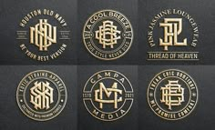 six gold and black emblems for several different types of business cards or brochures