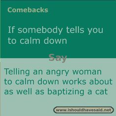 the text reads, if somebody tells you to calm down say telling an angry woman to calm down works about as well as bapting a cat